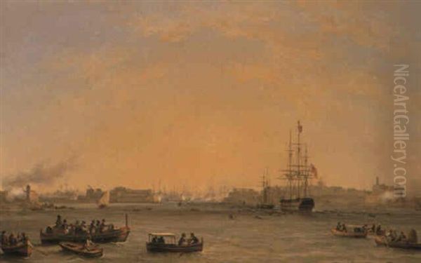The Grand Harbour, Valetta, Malta, With A British Man Of War Oil Painting by Giovanni Jean Schranz