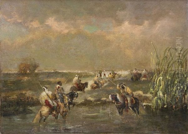 Orientalische Reiterkarawane Im Flus Oil Painting by Adolf Schreyer
