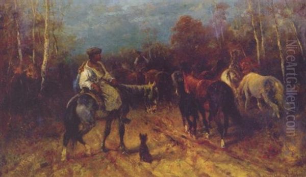 Pferdekoppel In Der Walachei Oil Painting by Adolf Schreyer