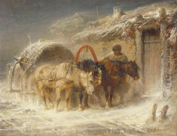 Wallachian Winter Scene With Team Of Horses Oil Painting by Adolf Schreyer