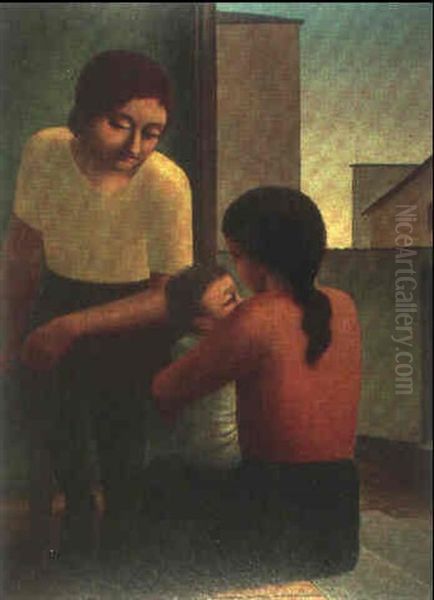 Two Women And A Child Oil Painting by Georg Schrimpf