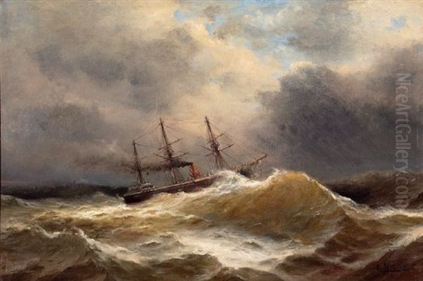 Dampfsegler Im Sturm Oil Painting by Max Schroeder-Greifswald the Younger