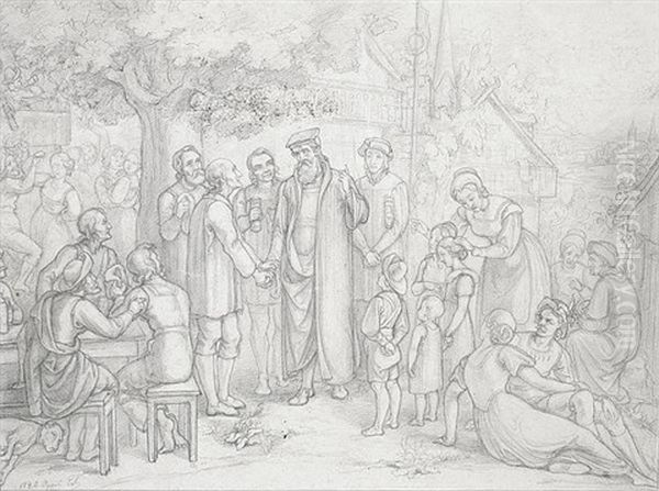 Der Neue Schullehrer, Von Seinem Amtsvorganger Dem Schulzen Vorgestellt (preliminary Study) Oil Painting by Emil Gottlieb Schuback