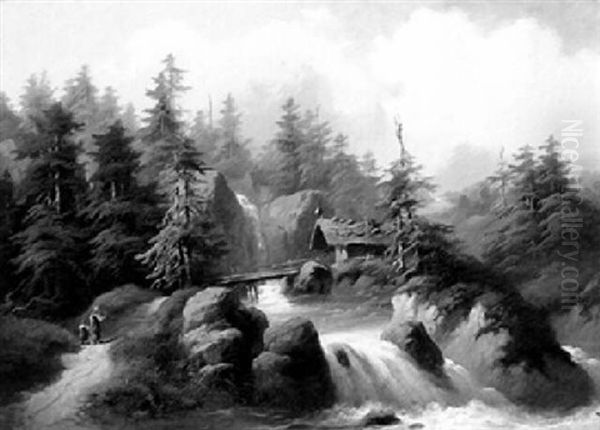 Schweizer Gebirgslandschaft, Kapelle Am Wasserfall Oil Painting by Dominik Schufried