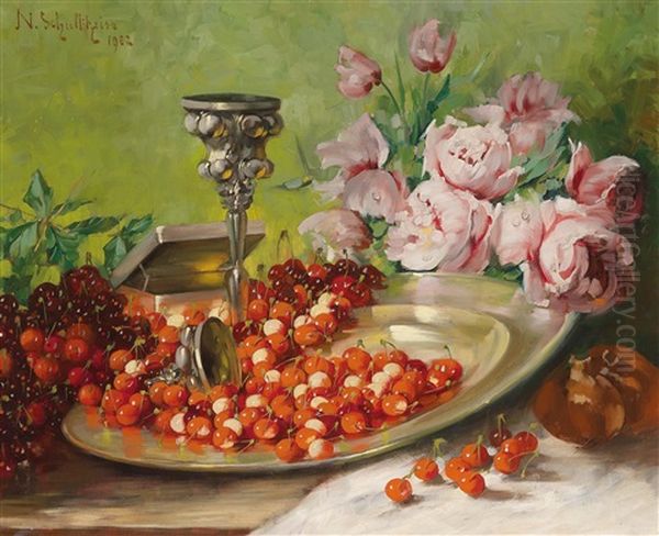 Stillleben Mit Kirschen Und Pfingstrosen Oil Painting by Nathalie Schultheiss