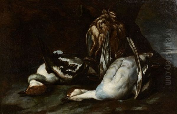 Composition Aux Harles Et Grives Musiciennes Et Composition Au Panier De Grives (pair) Oil Painting by Daniel Schultz