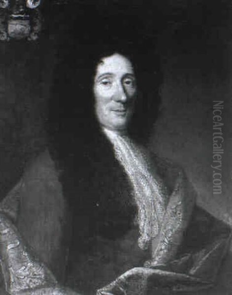 Portrait Of A Gentleman, Half-length In A Brown Coat With A Lace Jabot And A Shawl With A Coat-of-arms Oil Painting by Jacob van Schuppen