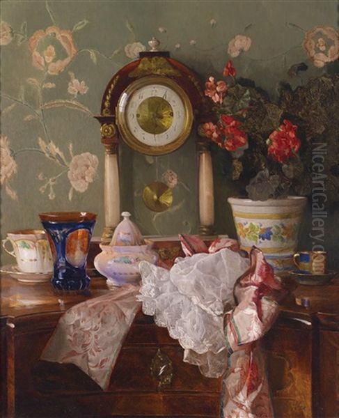 Antiquitatenstillleben Mit Kaminuhr Oil Painting by Josef Schuster