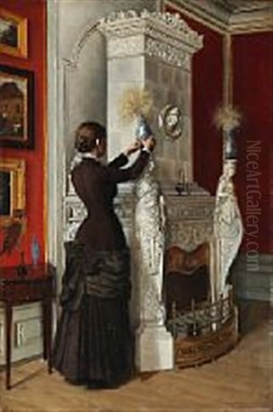 Interior From Bygholm Castle With A Back Turned Woman By The Fireplace Oil Painting by Oscar Schutte