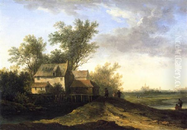 Hauser An Einem Fluss Mit Figuren Oil Painting by Franz Schuetz