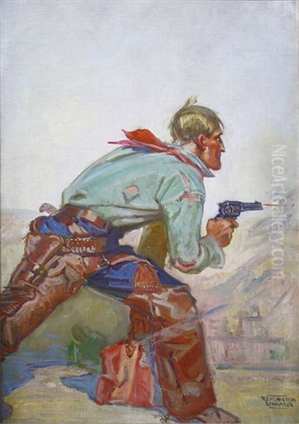 Cowboy, Weighed Down By Satchel, Returning Fire (magazine Cover Illus.) Oil Painting by Remington Schuyler