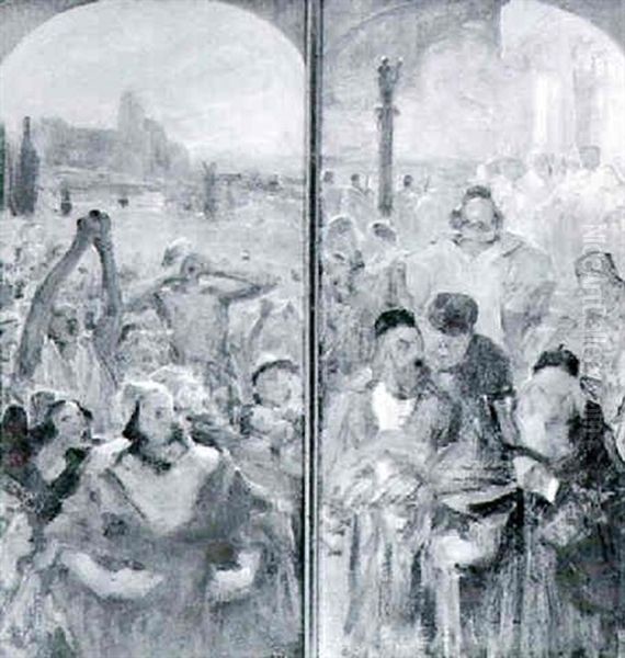 Mytologiske Folkelivsscener Oil Painting by Frans (Johan Georg F.) Schwarz