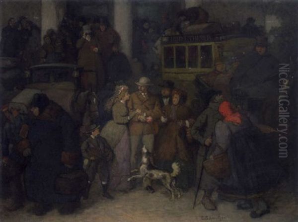 Reisegesellschaft Vor Dem Hotel Theuer Oil Painting by Cajetan Schweitzer