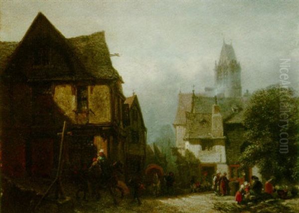 A Market Place Oil Painting by Albert Schwendy