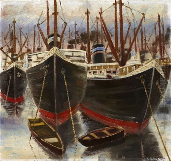 Hafenansicht Mit Frachtschiffen (marseille) Oil Painting by Karl Schwesig