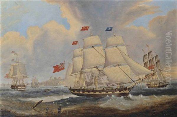 A Merchantman, In Three Positions, Off The Mouth Of The Tyne, With The Ruins Of Tynemouth Priory Observed On The Cliffs Beyond Oil Painting by John Scott