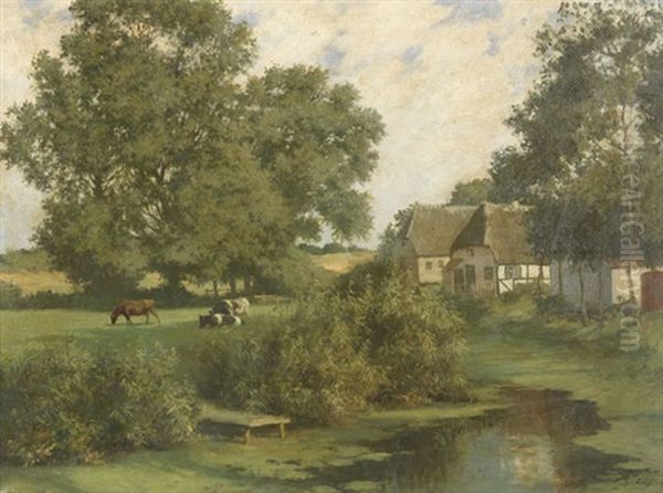 Norddeutsche Landschaft Mit Kuhen Und Reetgedeckten Hausern Oil Painting by Hermann Seeger