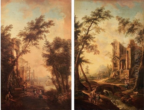 Un Enfant Jouant De La Flute Et Des Enfants Dansant Devant Des Ruines (+ Promeneurs Et Enfants Au Bord D'un Ruisseau Et De Ruines; Pair) Oil Painting by Johann Conrad Seekatz