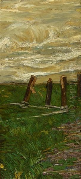 Frammento Di Paesaggio - Auch: Studio Di Un Campo Con Paletti Oil Painting by Giovanni Segantini