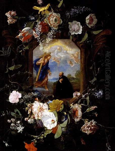 Eine Girlande Mit Rosen,tulpen, Nelken Und Anderen Bluten Um Eine Steinerne Kartusche Mit Der Vision Des Ignatius Von Loyola Oil Painting by Daniel Seghers