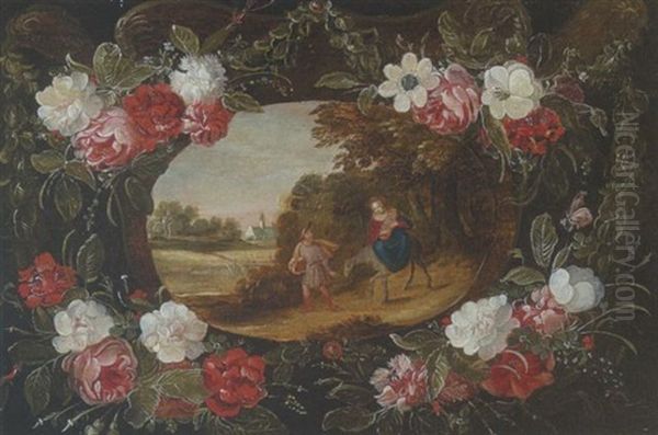 Kartusche Mit Religioser Szene In Blutenkranze - Flucht Nach Agypten Oil Painting by Daniel Seghers