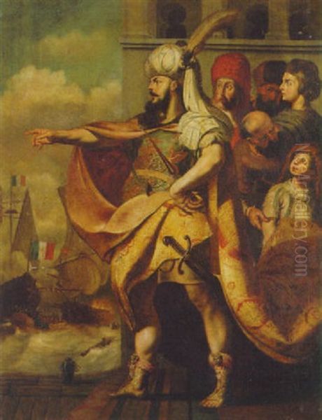 A Turkish Sultan Directing A Naval Battle Oil Painting by Gerard Seghers