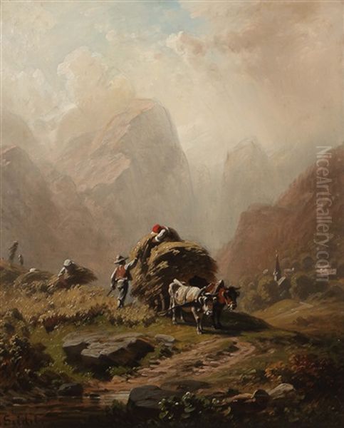 Heuernte Im Hochgebirge Oil Painting by August Seidel