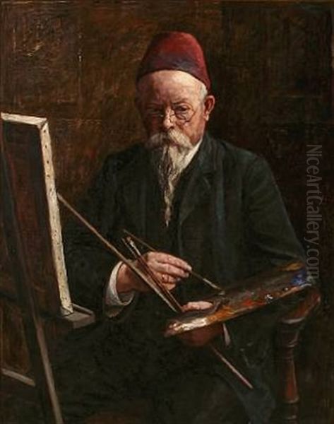 Portrait Of The Danish Painter I. T. Hansen At His Easel Oil Painting by Ingeborg Seidelin