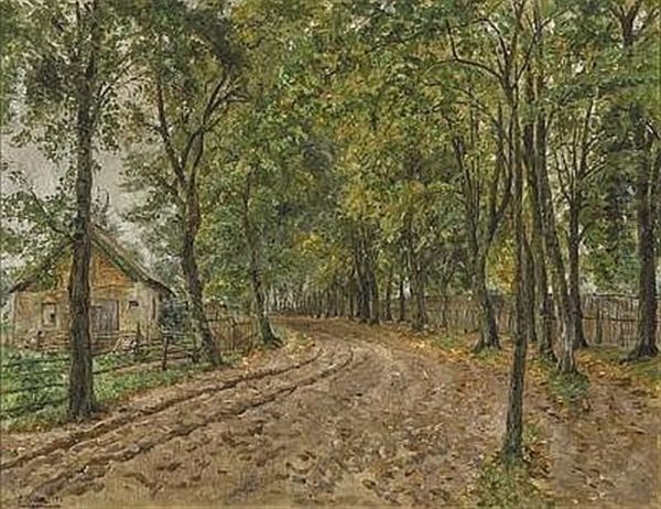 Gehoft An Baumbestandenem Weg Oil Painting by Carl Wilhelm Anton Seiler