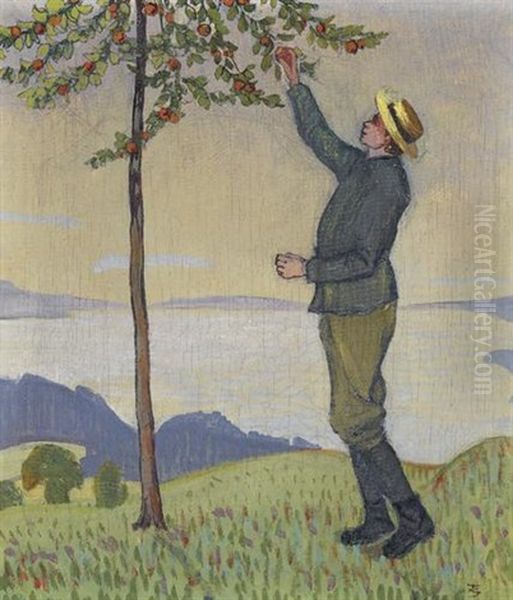 Apfelpfluckender Mann Vor Weiter Seelandschaft Oil Painting by Traugott Senn