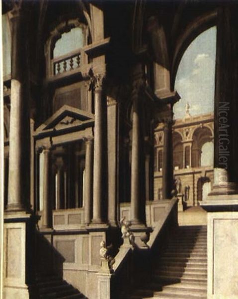 Caprice Architectural A L'escalier Monumental Oil Painting by Jean Nicolas Servandoni