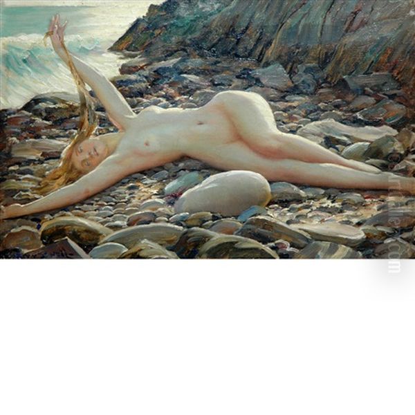 Female Nude On A Rocky Shore Oil Painting by Robert Van Vorst Sewell
