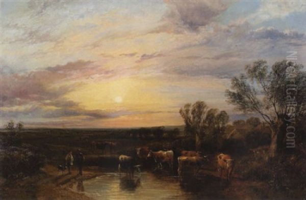 An Extensive Landscape At Dusk With A Herd Of Cows, And Two Figures And A Dog In The Foreground Oil Painting by George Shalders