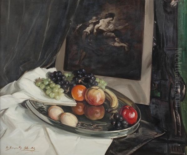Still Life With Fruit And Print Oil Painting by William Somerville Shanks