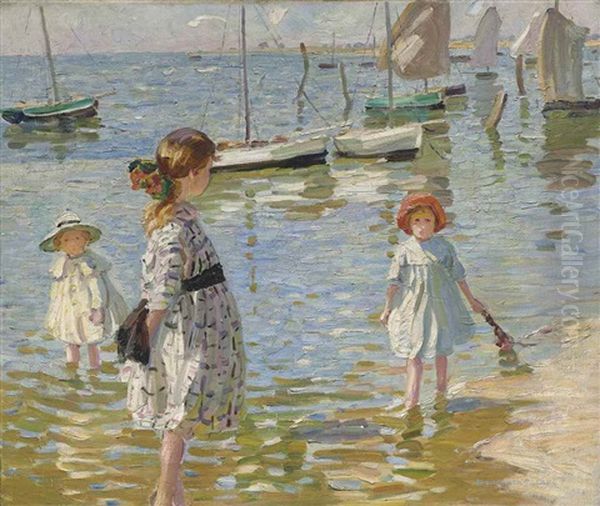 Children Paddling On The Sea Shore Oil Painting by Dorothea Sharp