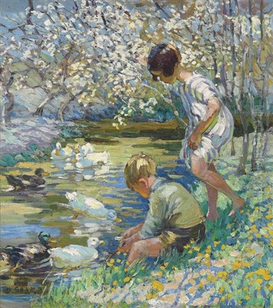 Children Playing Beside A Stream Oil Painting by Dorothea Sharp