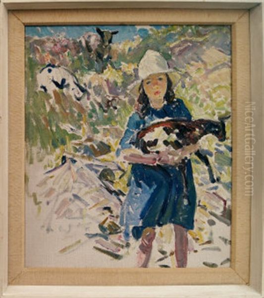 Sketch Of A Girl With A Lamb And A Sheep On A Hillside Oil Painting by Dorothea Sharp