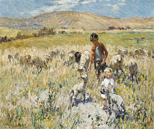 Children In A Field With Sheep Oil Painting by Dorothea Sharp