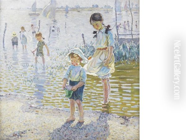 Children Paddling At Bosham Oil Painting by Dorothea Sharp