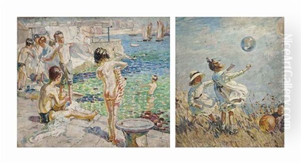 Children Sea Bathing And Bubbles (verso) (2 Works) Oil Painting by Dorothea Sharp