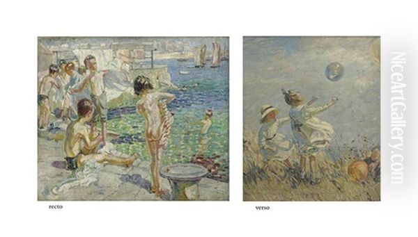 Children Sea Bathing (recto) (+ Bubbles (verso); 2 Works) Oil Painting by Dorothea Sharp