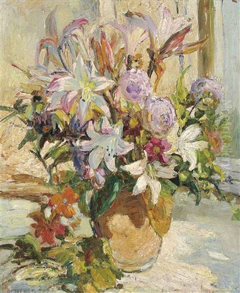 Oriental Lilies, Ranunculus, Amarylis And Sweet Peas In An Earthenware Vase, On A Window Sill Oil Painting by Dorothea Sharp