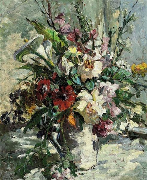 Calla Lilies, Poppies, Foxgloves, Cornflowers, Ferns And Other Blooms In A White Vase On A Table Oil Painting by Dorothea Sharp