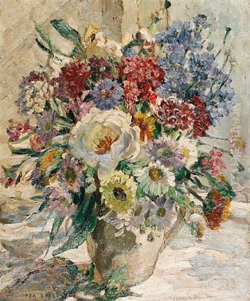 Still Life Of Mixed Flowers In A White Jug Oil Painting by Dorothea Sharp