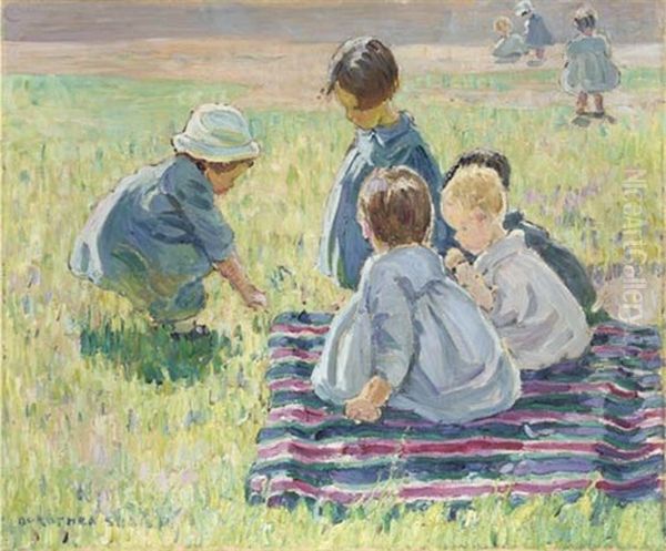 Children On A Striped Rug Oil Painting by Dorothea Sharp