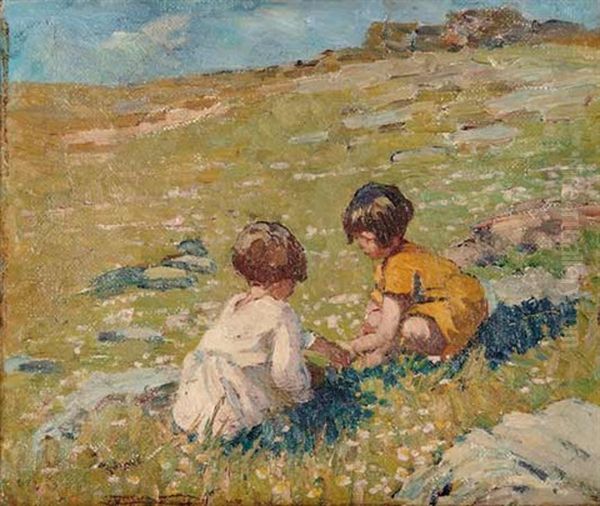 Untitled - Two Young Girls Picking Flowers Oil Painting by Dorothea Sharp