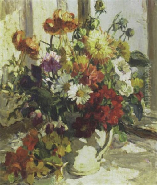 Still Life Of Flowers In A White Pitcher Oil Painting by Dorothea Sharp