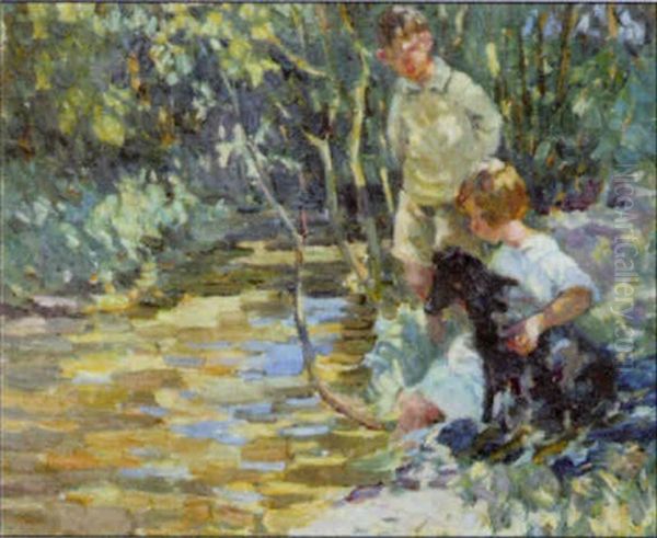 Children With Dog By Stream In Wooded Landscape Oil Painting by Dorothea Sharp