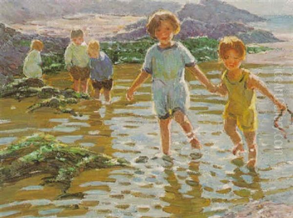 Children Playing In A Rockpool Oil Painting by Dorothea Sharp