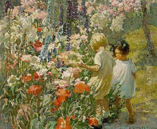 Two Girls With Lupins And Poppies Oil Painting by Dorothea Sharp